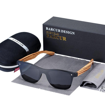 Wooden bamboo sunglasses with UV400 protection, dark lenses and black frame; Barcur case included on Tampa Home & Garden Store