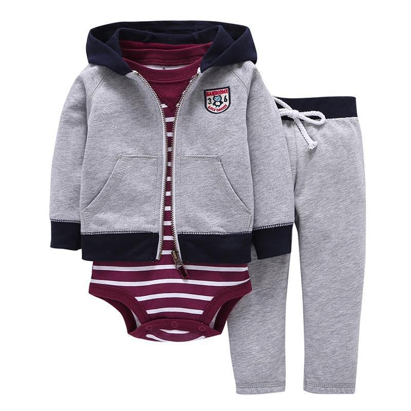Stevvex 3-piece baby set: grey zip hoodie with navy trim, maroon striped romper, grey pants on Tampa Home & Garden Store