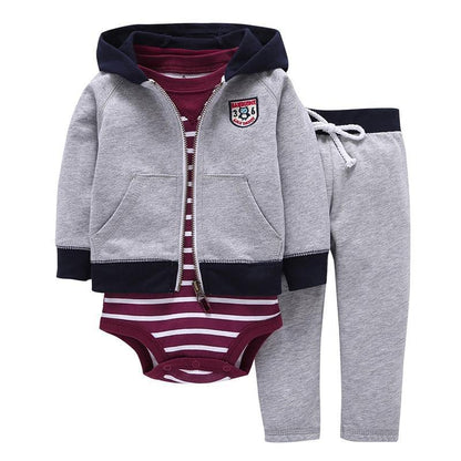 Stevvex 3-piece baby set: grey zip hoodie with navy trim, maroon striped romper, grey pants on Tampa Home & Garden Store