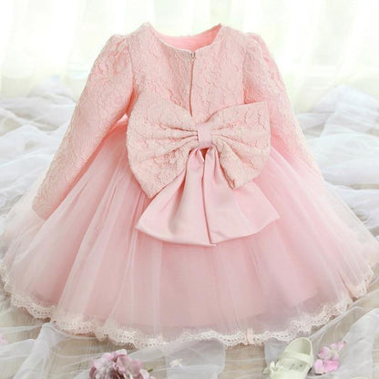 Baby girl christening gown pink lace bodice, long sleeves, tulle skirt and bow by Stevvex on Tampa Home & Garden Store