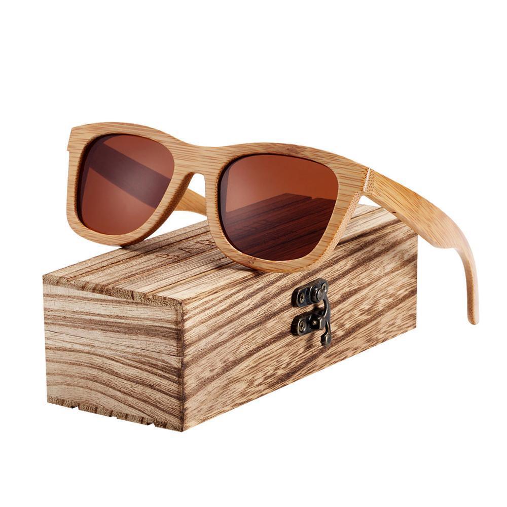 Stevvex bamboo wood sunglasses with polarized brown lenses in retro frame atop a wooden box on Tampa Home & Garden Store