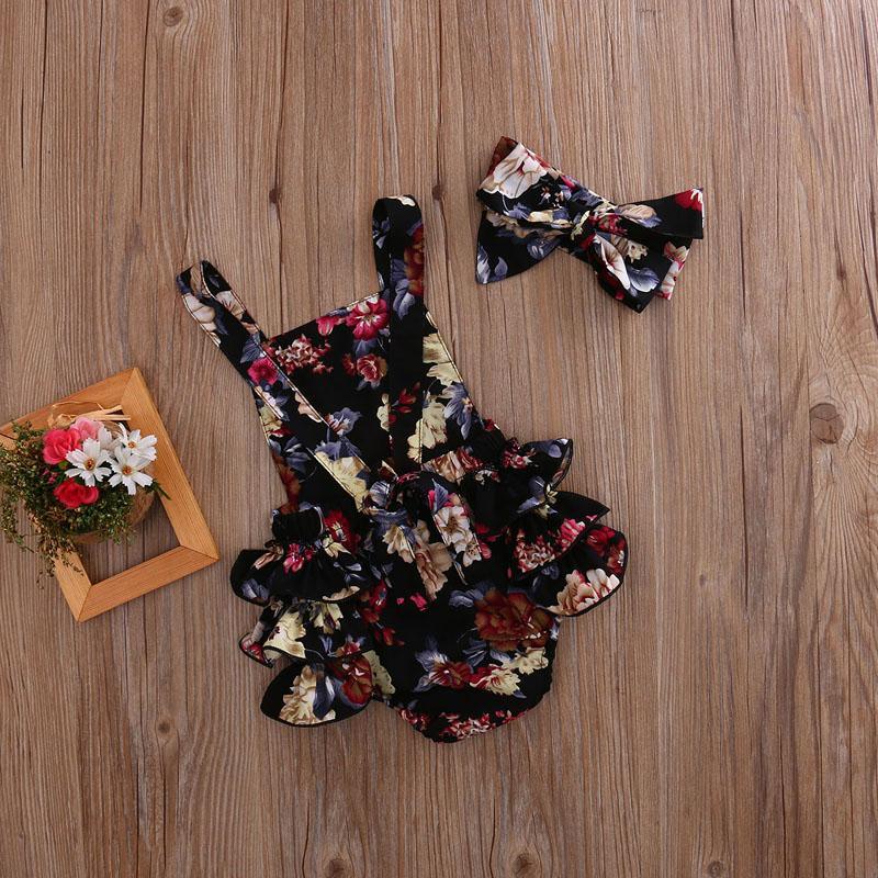 2pc black floral sleeveless romper set with bow headband on Tampa Home & Garden Store