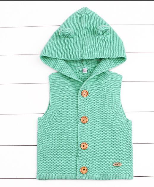 Baby knit cardigan vest with hood in mint green, wooden buttons, Stevvex brand on Tampa Home & Garden Store
