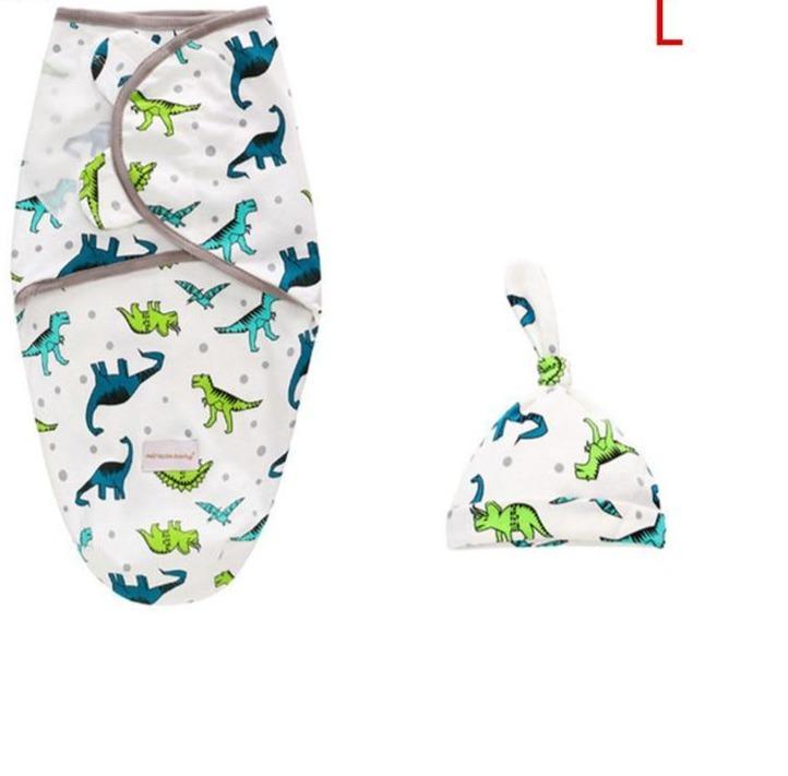 Stevvex Baby Swaddle Blanket With Cap, white dinosaur-print set with teal and lime accents on Tampa Home & Garden Store