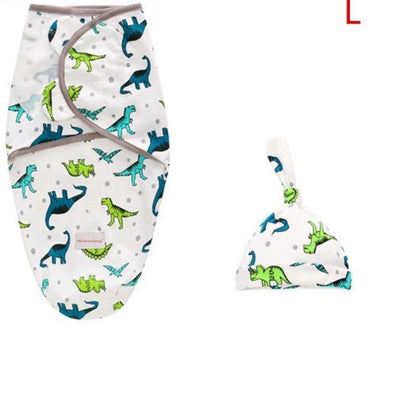 Stevvex Baby Swaddle Blanket With Cap, white dinosaur-print set with teal and lime accents on Tampa Home & Garden Store