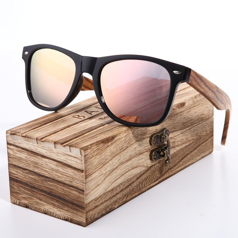 Stevvex bamboo sunglasses polarized in zebra wood style with UV400 protection, boxed on Tampa Home & Garden Store