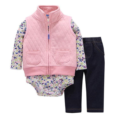 Stevvex baby pink quilted vest set with floral long-sleeve romper and navy denim pants on Tampa Home & Garden Store