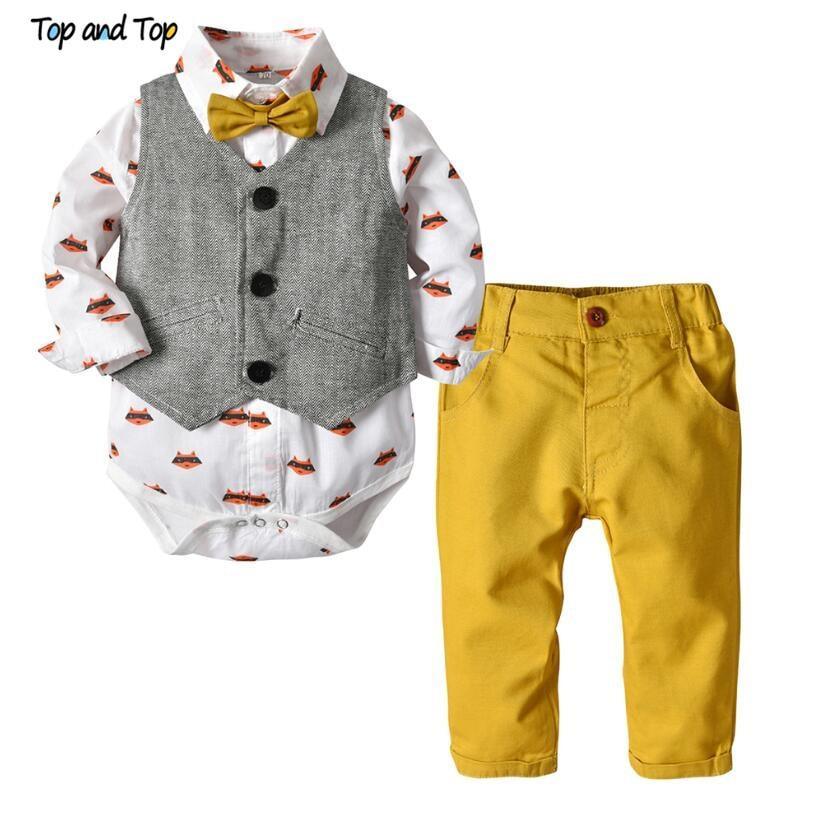 Stevvex baby boy formal outfit set: grey vest, bow-tie, fox-print shirt, mustard pants on Tampa Home & Garden Store