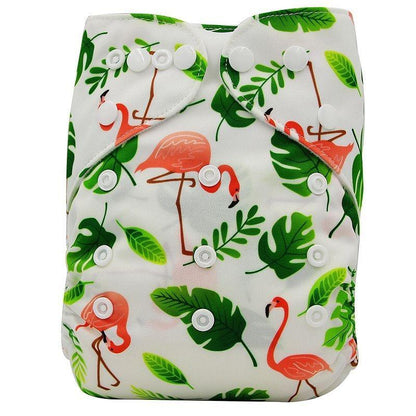 Stevvex baby cloth diaper reusable nappy with flamingo print, white fabric, snaps on Tampa Home & Garden Store