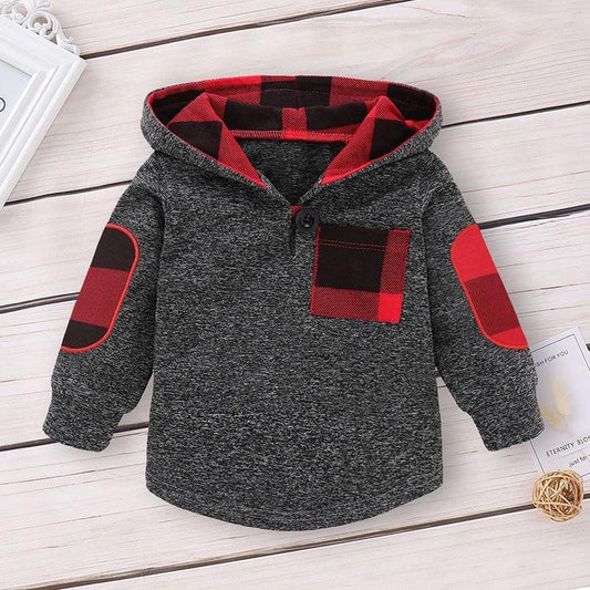 Stevvex newborn hoodie 2pc outfit in grey heather knit with red plaid hood and elbow patches on Tampa Home & Garden Store