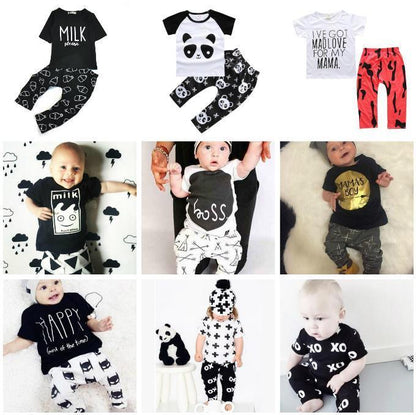 Stevvex baby boy outfits: 9 tee+pants sets with panda and milk graphics on Tampa Home & Garden Store