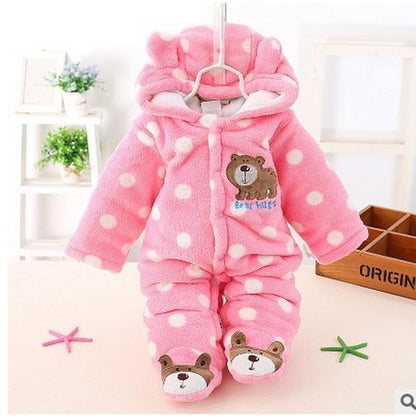 Stevvex pink plush bear romper with hood and white polka dots, bear patch for kids on Tampa Home & Garden Store