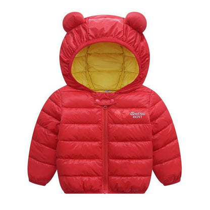 Infant red puffer jacket with hooded bear ears, yellow inner lining, front zipper, baby outerwear on Tampa Home & Garden Store