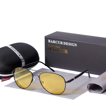 Barcur sunglasses with yellow polarized lenses and slim metal frame; includes case and box on Tampa Home & Garden Store