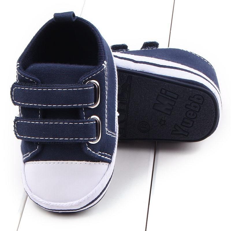 Baby shoes Stevvex navy blue first walkers with white toe cap and twin Velcro straps on Tampa Home & Garden Store