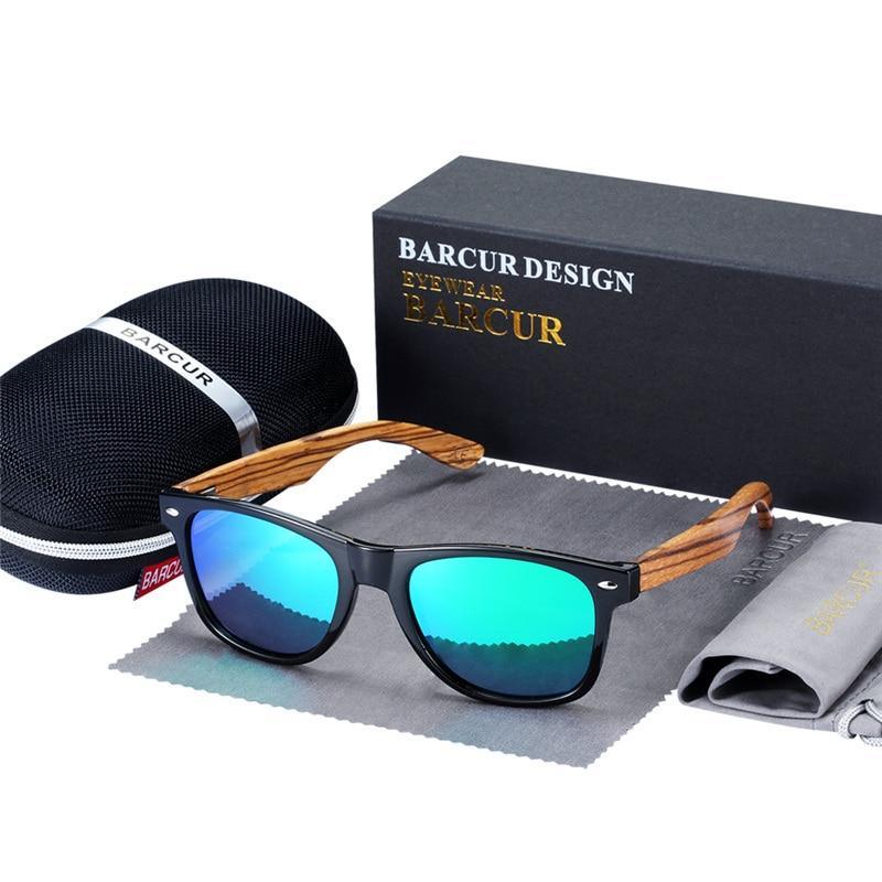 Sunglasses Stevvex bamboo wood frame with zebra wood temples and blue mirrored polarized lenses UV400 on Tampa Home & Garden Store