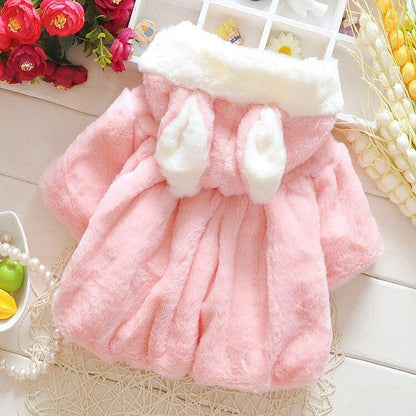 Baby girls pink hooded faux fur coat with white plush trim bunny-ear hood Stevvex on Tampa Home & Garden Store