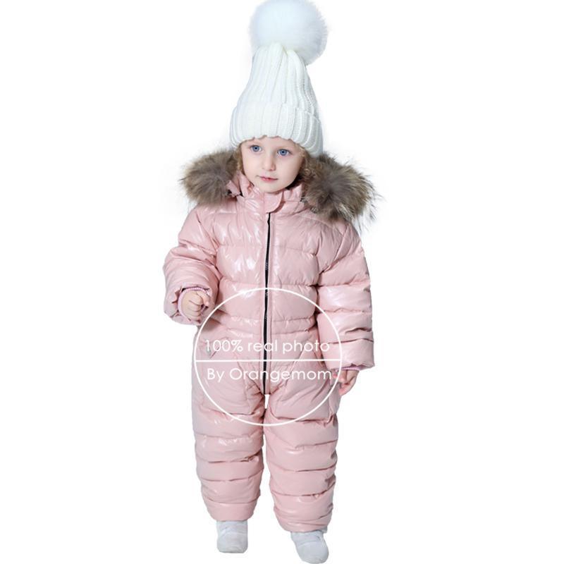 Stevvex pink infant snow suit with fur-trim hood, puffer one-piece for winter outdoor play on Tampa Home & Garden Store