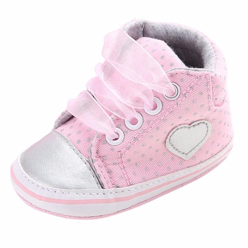 Infant Stevvex first walker sneakers pink with dotted fabric, heart patch, lace-up soft sole on Tampa Home & Garden Store