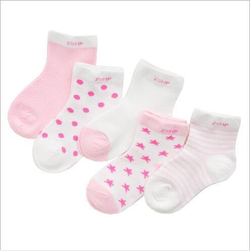 Stevvex 5-pair kids summer mesh socks, ultra-thin breathable, pink/white with star prints on Tampa Home & Garden Store