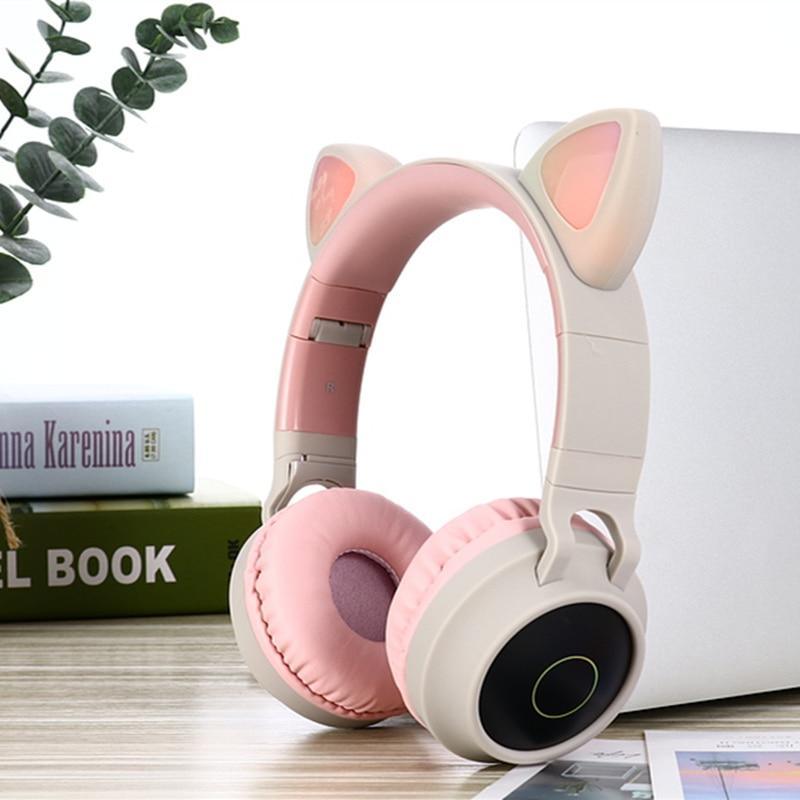 Stevvex LED cat-ear over-ear headphones pink beige noise-cancelling mic Bluetooth 5.0 on Tampa Home & Garden Store