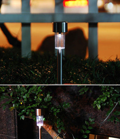 Stevvex LED solar stainless steel path lights with copper cap, set of 2 along hedge on Tampa Home & Garden Store