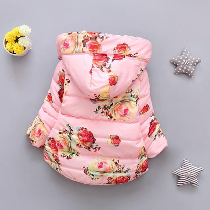 Infant pink floral hooded puffer jacket by Stevvex, cozy winter outerwear for babies on Tampa Home & Garden Store