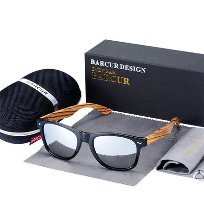 1 pair Barcur polarized bamboo wood sunglasses with black frame and zebra wood temples, case on Tampa Home & Garden Store