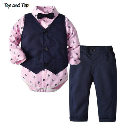 Stevvex baby boy bow tie romper set with pink sailboat shirt, navy vest and pants on Tampa Home & Garden Store