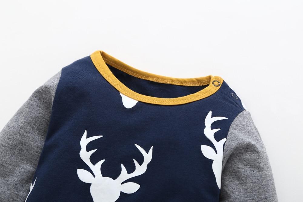 Baby romper Stevvex long sleeve deer head print navy with gray sleeves and mustard neckline on Tampa Home & Garden Store