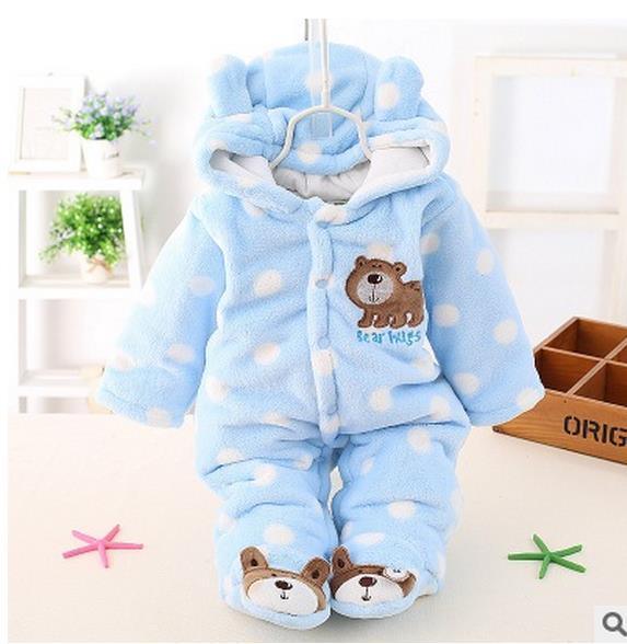 Stevvex modern winter baby bear hooded romper in light blue plush with white polka dots on Tampa Home & Garden Store