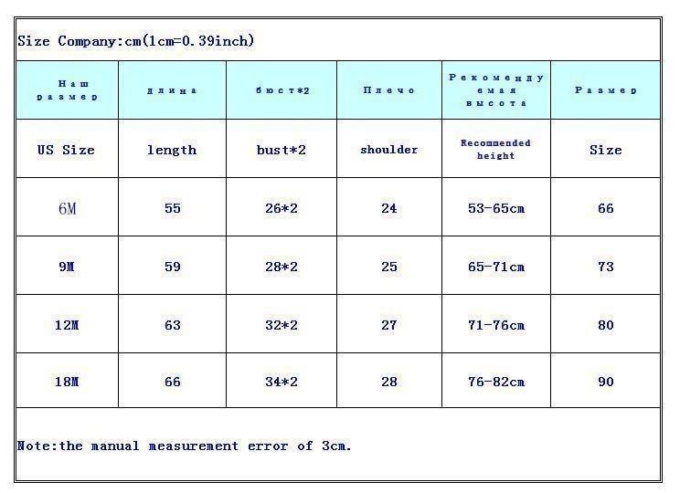 Stevvex baby romper size chart with US sizes 6M-18M, length bust shoulder height ranges on Tampa Home & Garden Store