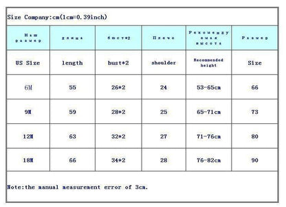Stevvex baby romper size chart with US sizes 6M-18M, length bust shoulder height ranges on Tampa Home & Garden Store