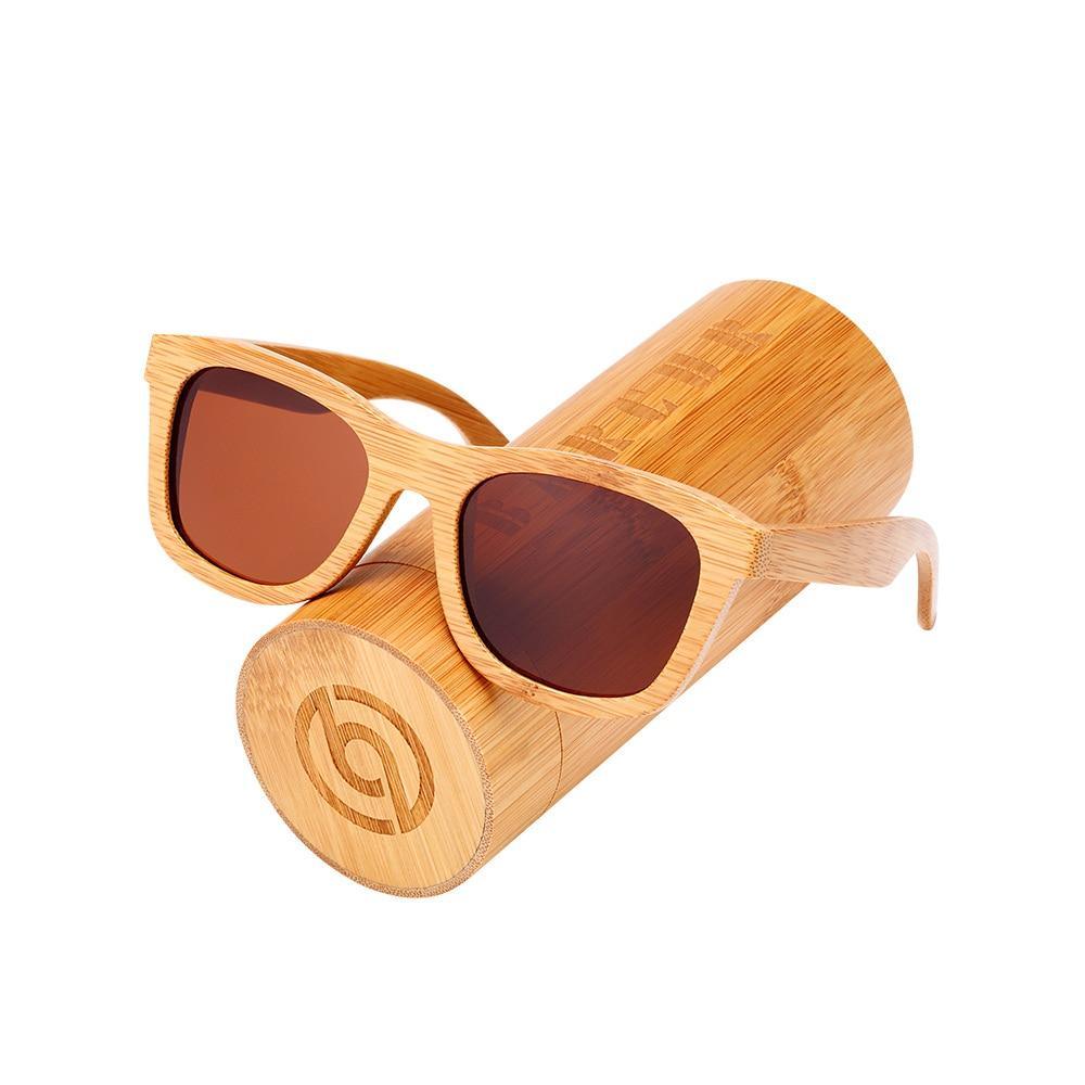 Stevvex handmade bamboo wooden sunglasses with polarized brown lenses on a matching bamboo case on Tampa Home & Garden Store