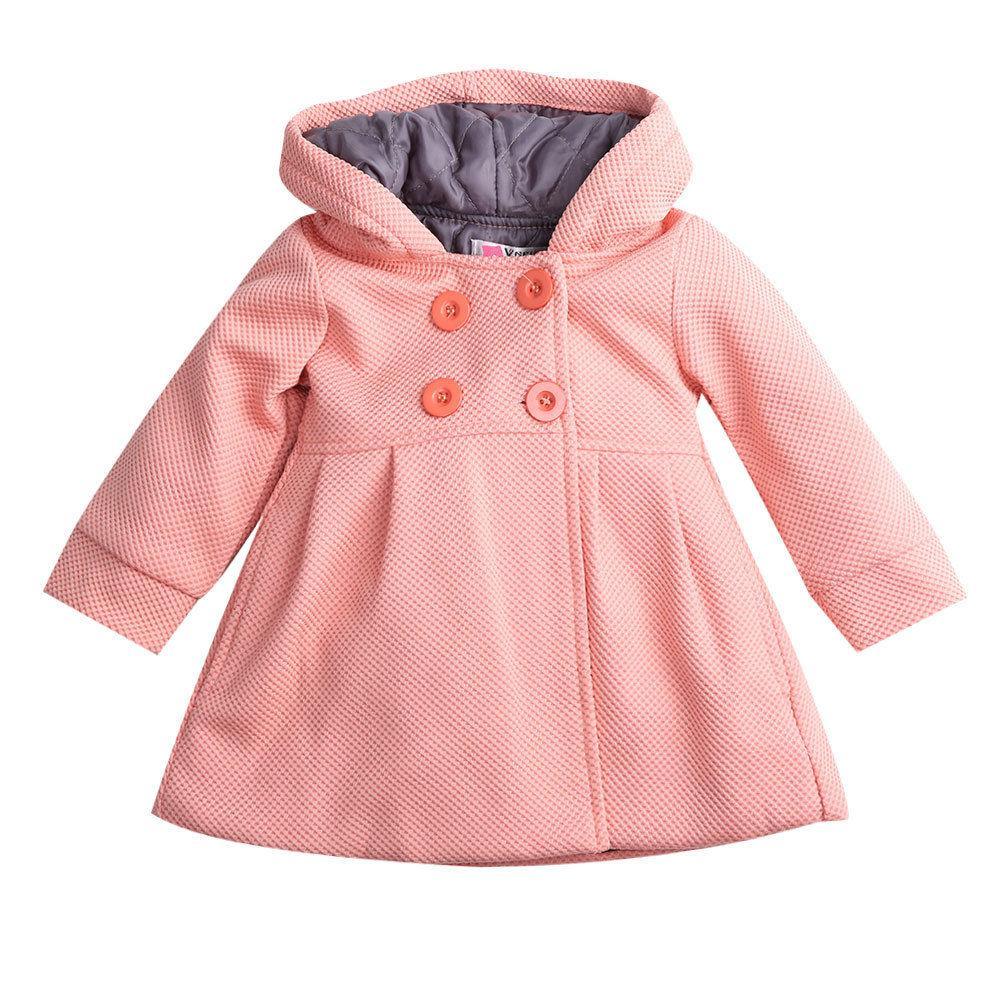 Stevvex pink hooded baby girls puffer coat with double-breasted buttons and gray lining on Tampa Home & Garden Store