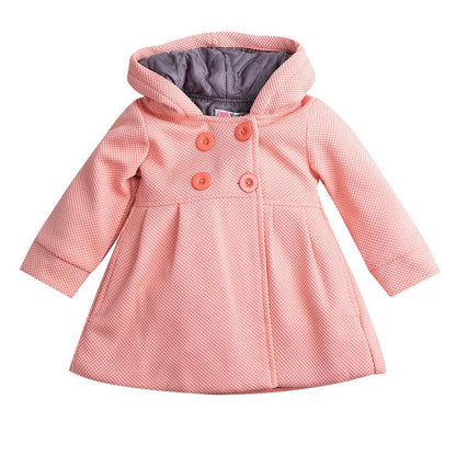 Stevvex pink hooded baby girls puffer coat with double-breasted buttons and gray lining on Tampa Home & Garden Store