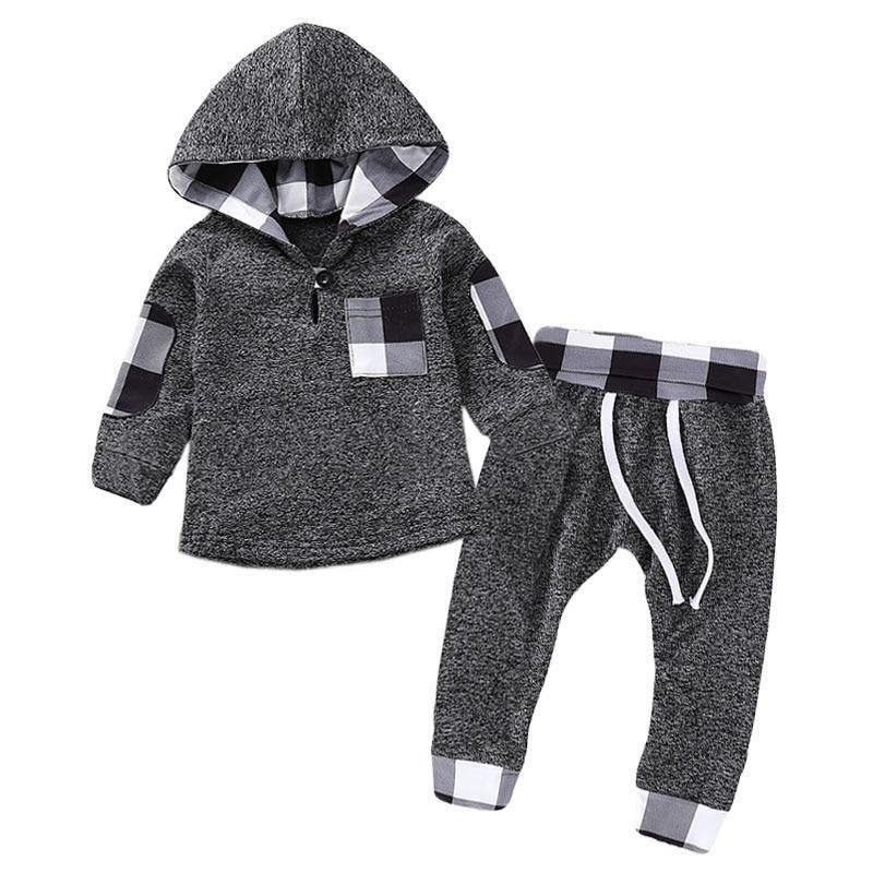 Stevvex newborn hoodie and pants 2pc gray heather set with plaid sleeve patches and hood on Tampa Home & Garden Store