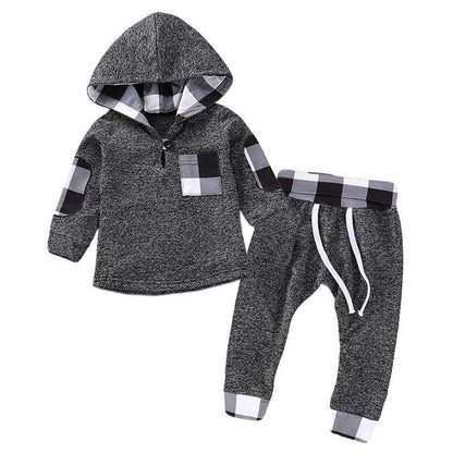 Stevvex newborn hoodie and pants 2pc gray heather set with plaid sleeve patches and hood on Tampa Home & Garden Store