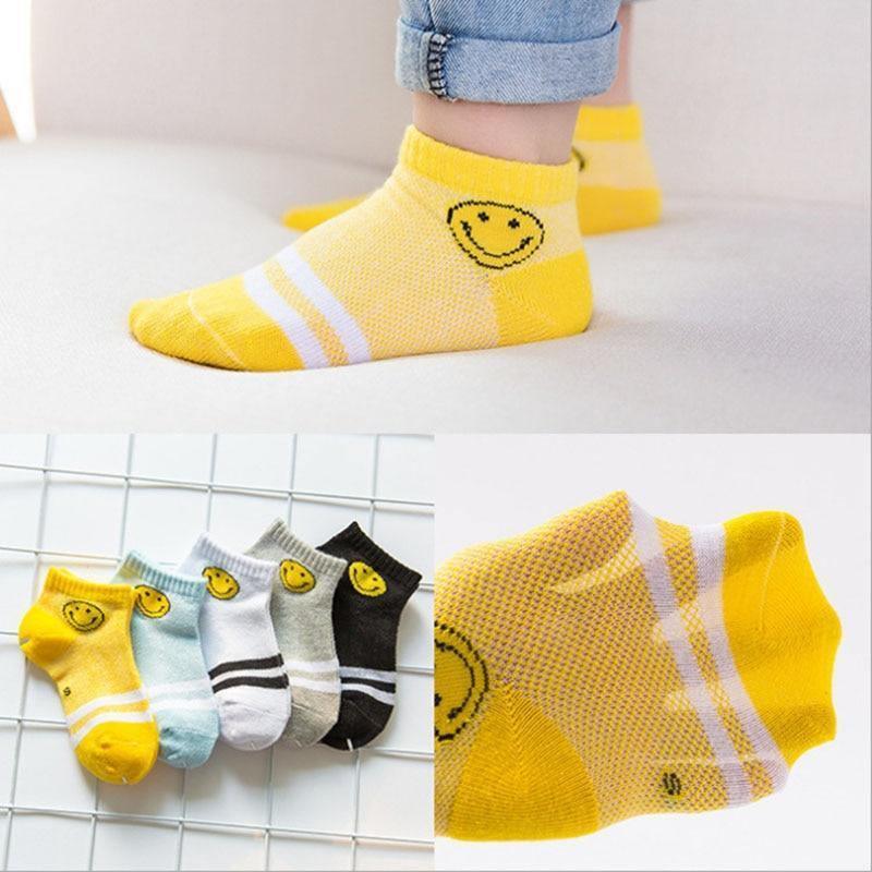 5 pairs kids socks by Stevvex, striped breathable ankle socks with smiley motif in yellow on Tampa Home & Garden Store