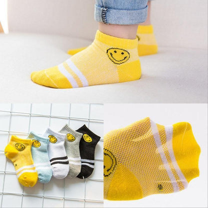 5 pairs kids socks by Stevvex, striped breathable ankle socks with smiley motif in yellow on Tampa Home & Garden Store