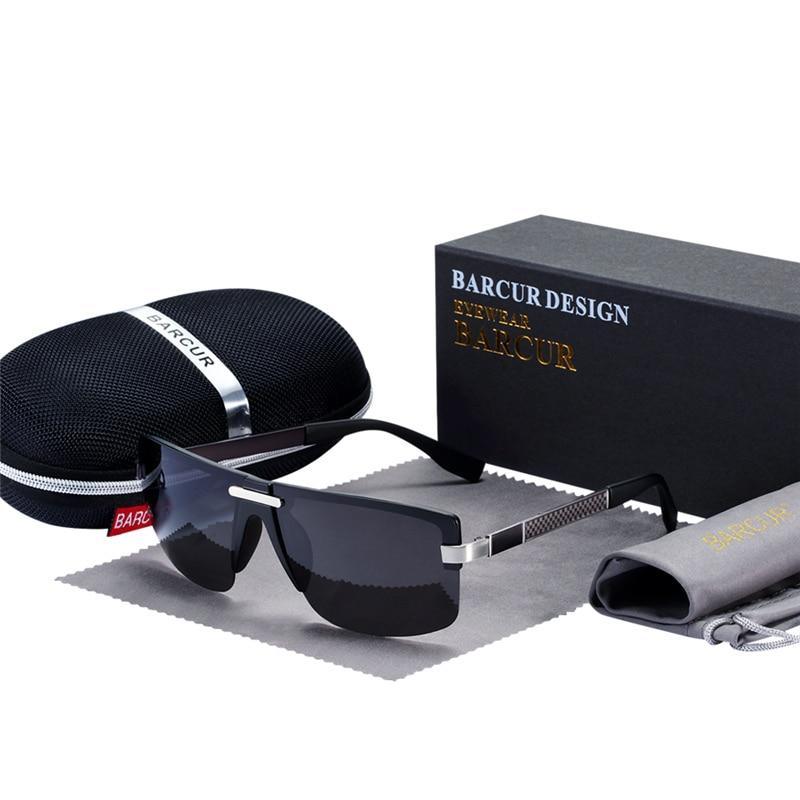 Rimless polarized sunglasses with dark lenses and silver metal frame Barcur Design case on Tampa Home & Garden Store