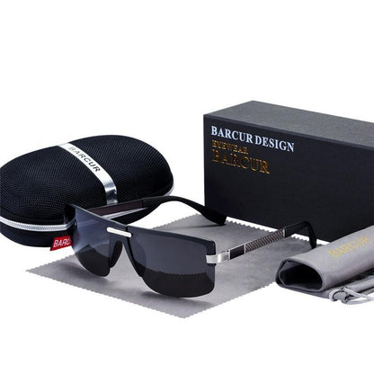 Rimless polarized sunglasses with dark lenses and silver metal frame Barcur Design case on Tampa Home & Garden Store