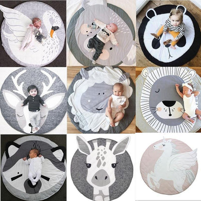Round cotton baby play mat by Stevvex animal designs: deer, panda, giraffe, unicorn on Tampa Home & Garden Store