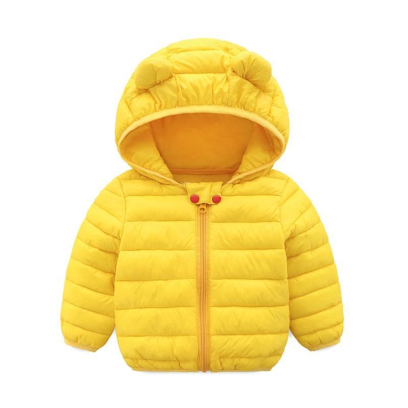 Winter padded jacket for baby Stevvex yellow bear-ear hood, quilted puffer, front zipper on Tampa Home & Garden Store