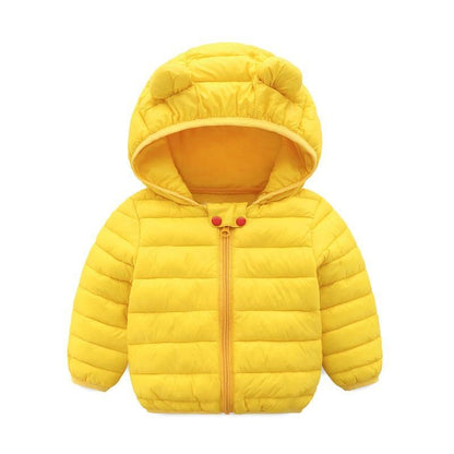 Winter padded jacket for baby Stevvex yellow bear-ear hood, quilted puffer, front zipper on Tampa Home & Garden Store