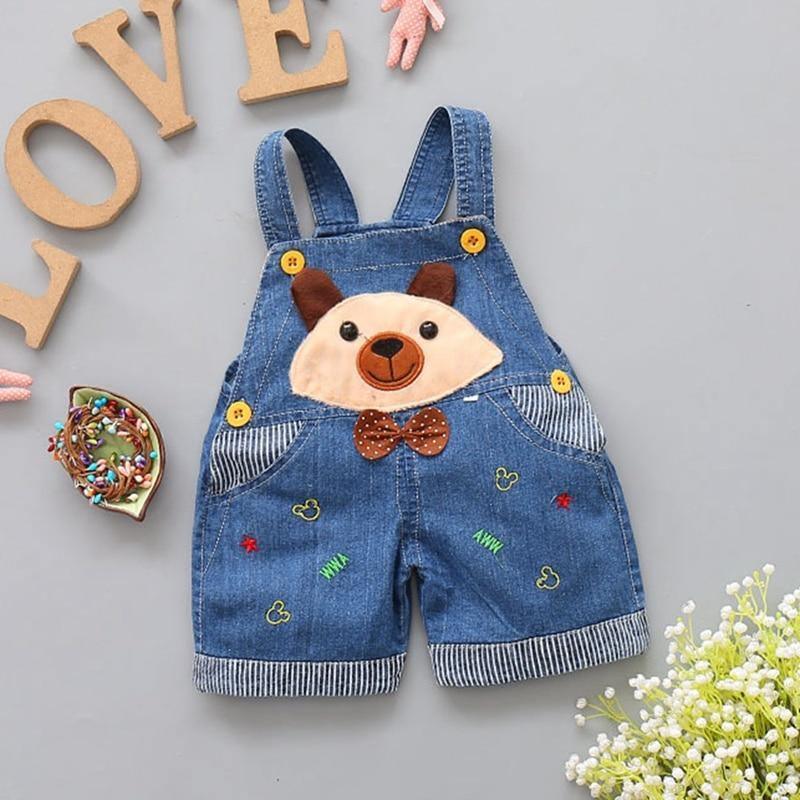 Denim baby overalls with bear face applique bow tie striped cuffs Stevvex on Tampa Home & Garden Store
