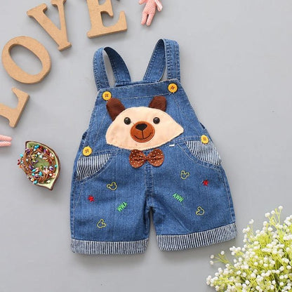 Denim baby overalls with bear face applique bow tie striped cuffs Stevvex on Tampa Home & Garden Store