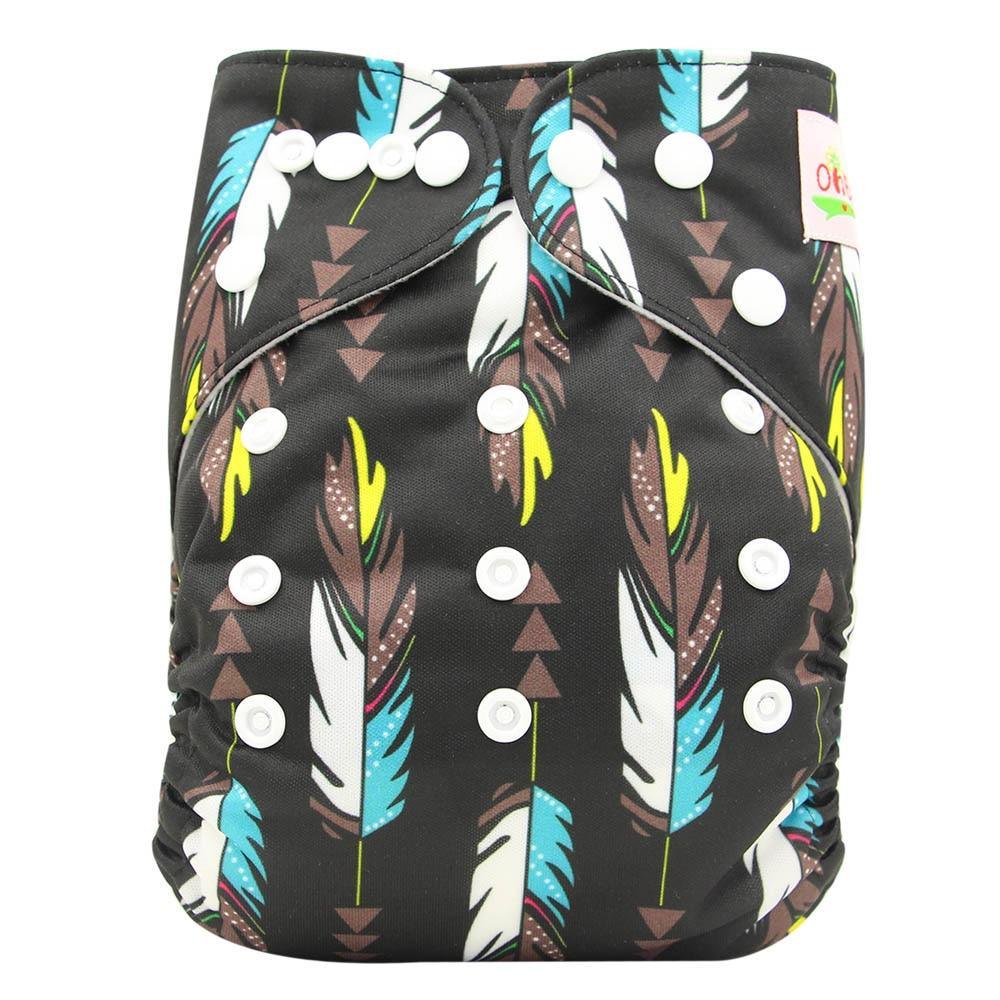 Baby cloth diaper Stevvex with black feather print, waterproof pocket, snap closures, unisex on Tampa Home & Garden Store