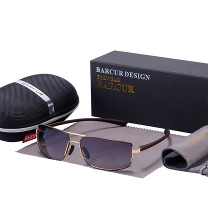Sunglasses Barcur Design with brown metal frame and gray lenses, includes case and cloth on Tampa Home & Garden Store