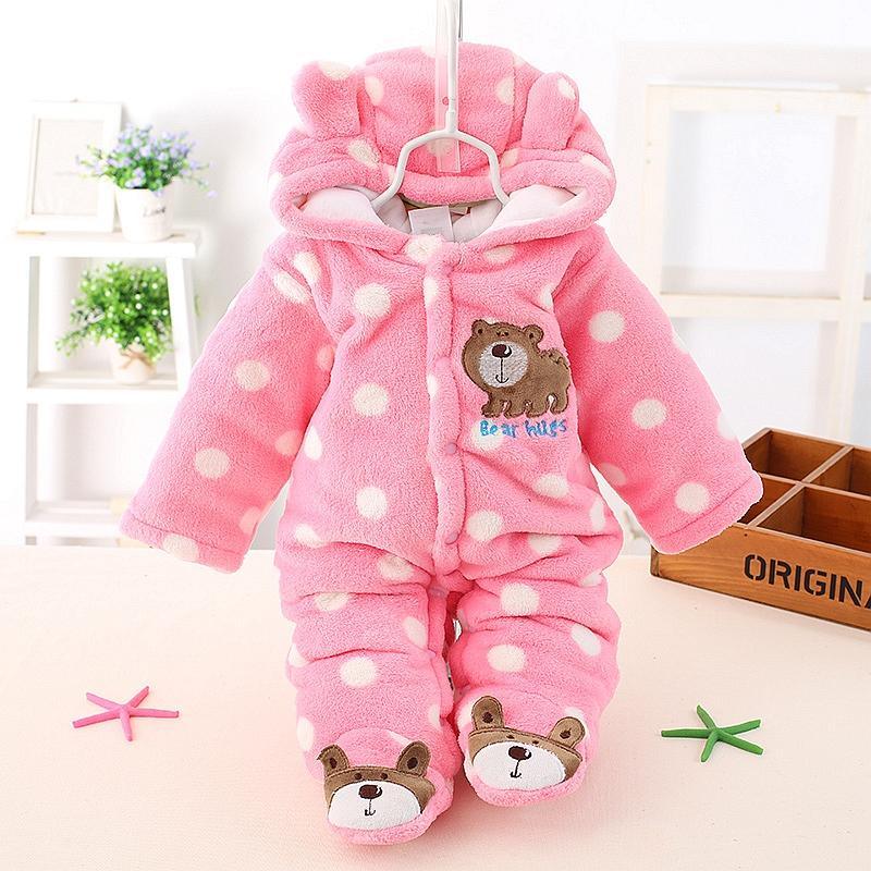 Stevvex pink plush baby bear hooded romper with white polka dots and bear-face feet on Tampa Home & Garden Store